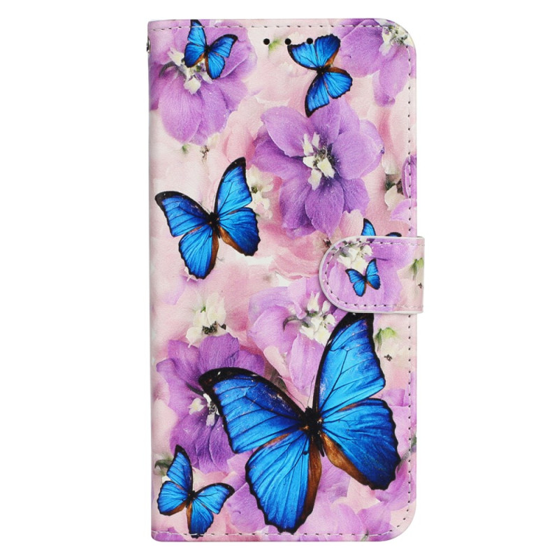 iPhone 16 Plus Hülle Lila Schmetterlinge und Blumen mit Riemen