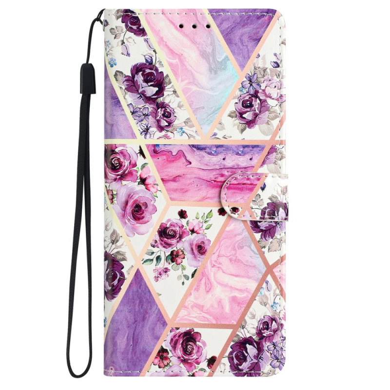 iPhone 16 Plus Marmor Tasche Lila Blumen mit Riemen