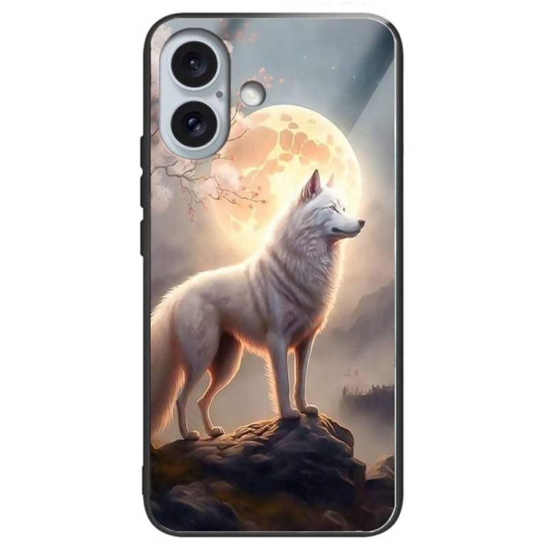 iPhone 16 Plus Hülle aus gehärtetem Glas Wolf im Mondschein