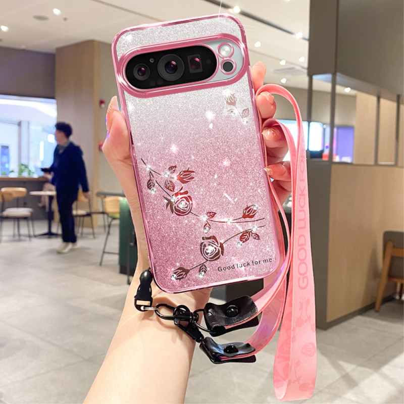 Google Pixel 9 Pro XL Cover Blumen und Strass mit Riemen KADEM