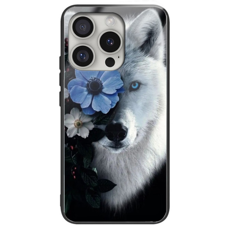 iPhone 16 Pro Max Schutzhülle aus gehärtetem Glas Wolf und Blaue Blume