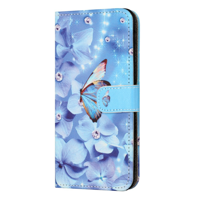 Samsung Galaxy S24 FE Hülle Blaue Blumen und Schmetterlinge mit Riemen