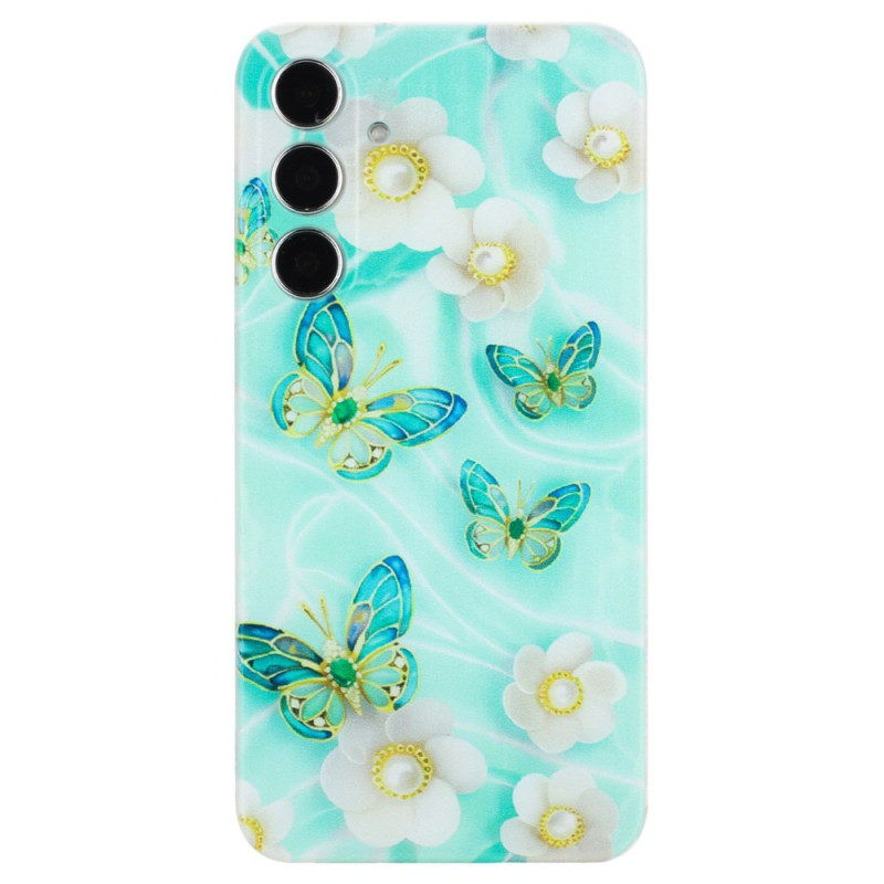 Samsung Galaxy A24 4G Cover Grüne Schmetterlinge und Weiße Blumen