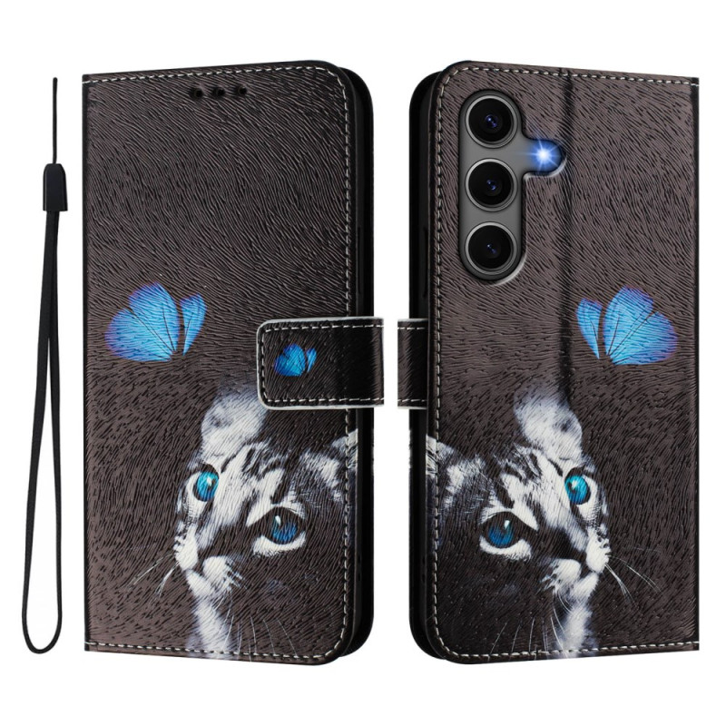 Samsung Galaxy S25 Plus 5G Tasche Katze und Schmetterling Blau