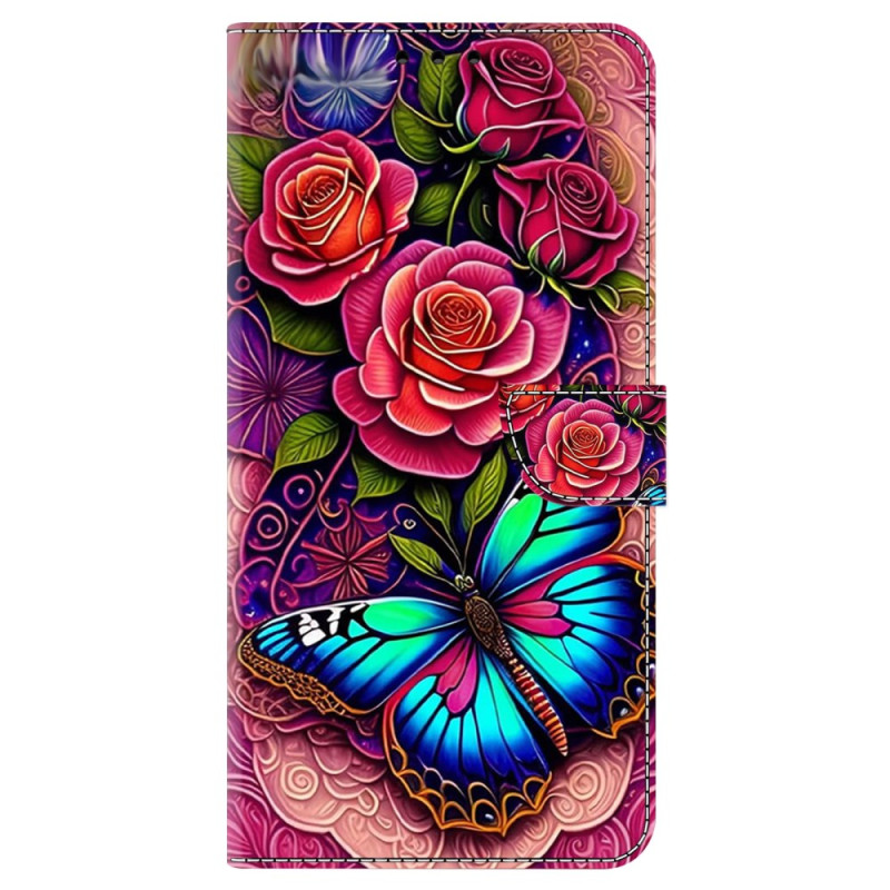 Hülle Moto G85 5G Schmetterling Cyan und Rote Blumen