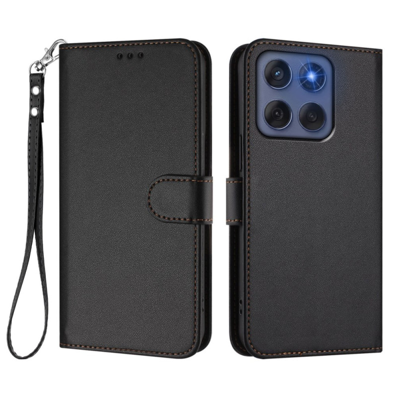 Motorola Edge 60 / 60 Fusion Style Unifarbenes Leder Tasche mit Riemen