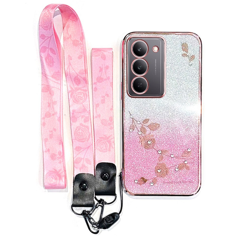 Hülle Realme 14X 5G Blumen und Strass mit Riemen KADEM