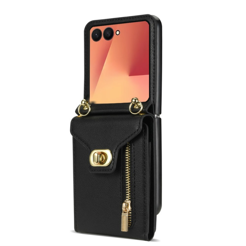 Samsung Galaxy Z Flip 7 Cover Brieftasche mit Reißverschluss und Schulterriemen