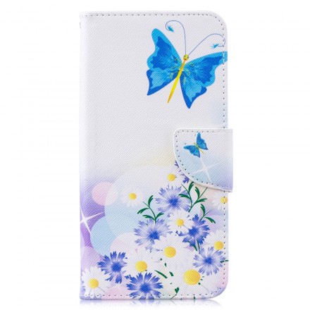 Huawei Y7 2019 Hülle Schmetterlinge und Blumen Gemalt