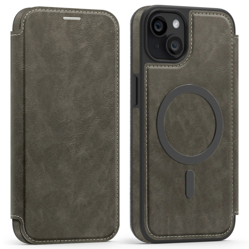 Flip Cover iPhone 15 Plus MagSafe mit Kartenhalter Lederoptik RFID