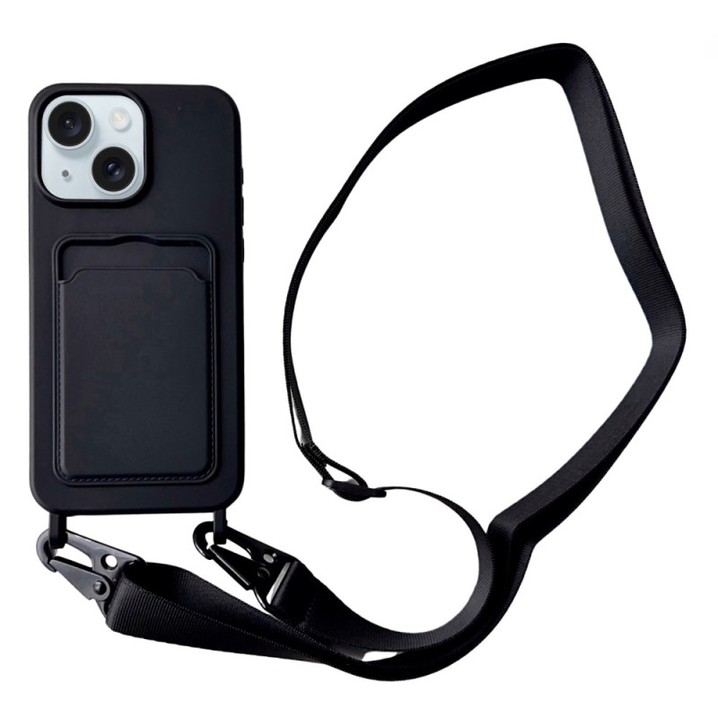 iPhone 15 Plus Kordelzughülle in Lederoptik mit Kartenhalter