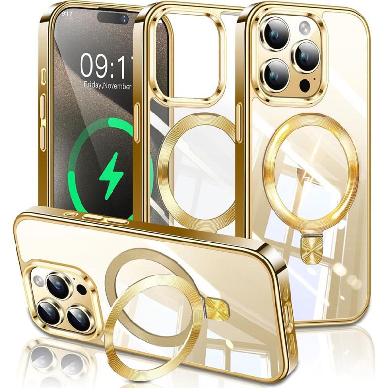Magnetisches iPhone 15 Pro Max Cover mit Halterung und Rändern in Metalloptik