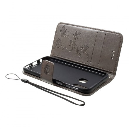 Samsung Galaxy A40 Tasche Schmetterlinge und Blumen mit Riemen