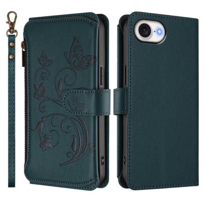 Hülle iPhone 17E / 16E Portemonnaie mit Reißverschluss Blumenmuster