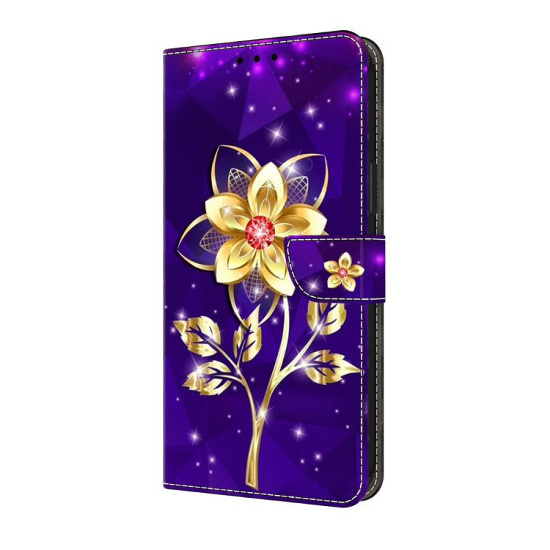 iPhone 17E / 16E Hülle Goldene Blumen auf violettem Hintergrund
