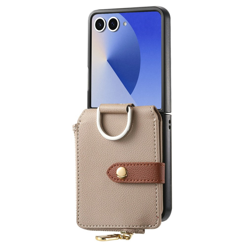 Samsung Galaxy Z Flip 8 Hülle mit Kartenfach und Reißverschluss in genarbtem Leder-Look