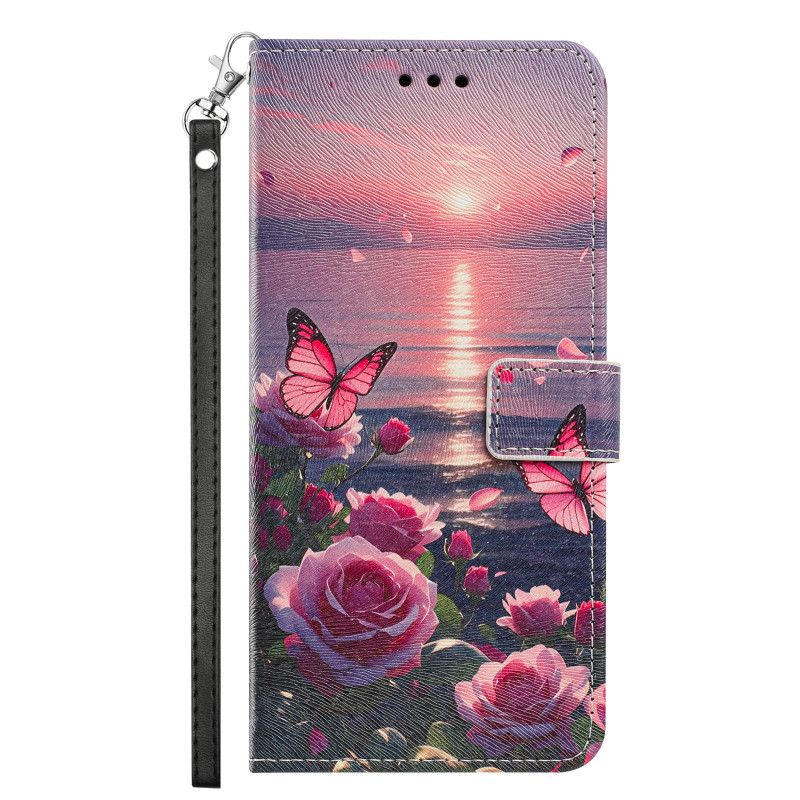 Oppo Reno 16 / 16 Pro Hülle mit Rosen- und Schmetterlingsmotiv und Trageband