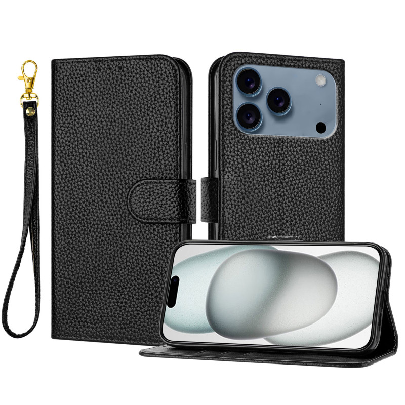 iPhone 18 Pro / 17 Pro-Hülle aus Litchi-Kunstleder mit Trageband