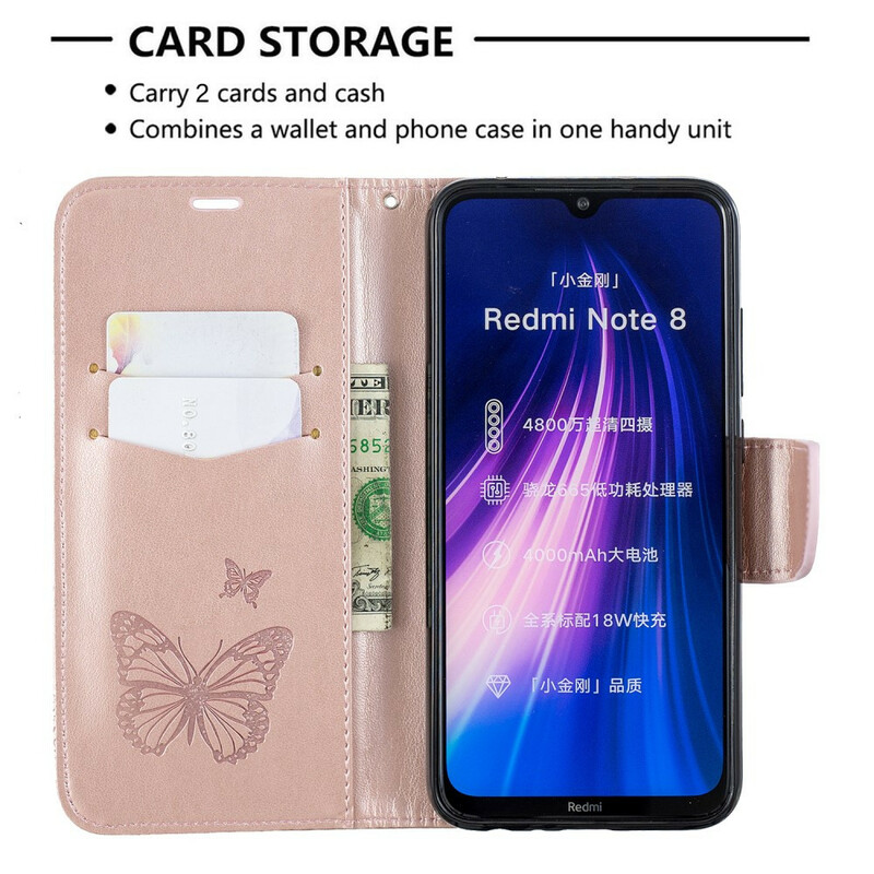 Xiaomi Redmi Note 8 Tasche Bedruckte Schmetterlinge mit Riemen