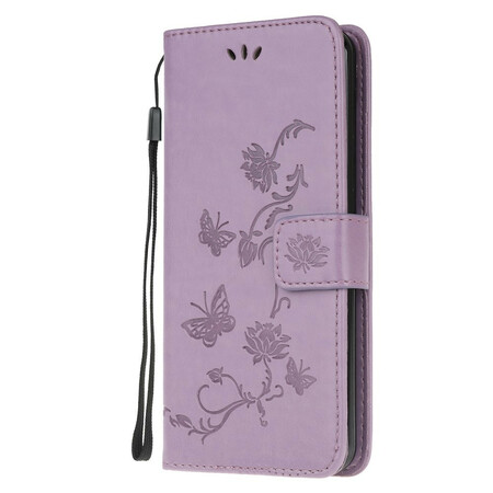 Sony Xperia 5 Tasche Schmetterlinge Und Blumen Mit Riemen