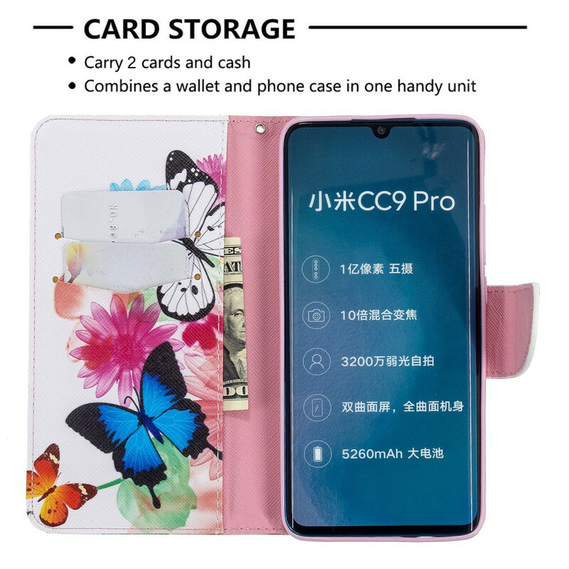Xiaomi Mi Note 10 Hülle Gemalte Schmetterlinge und Blumen