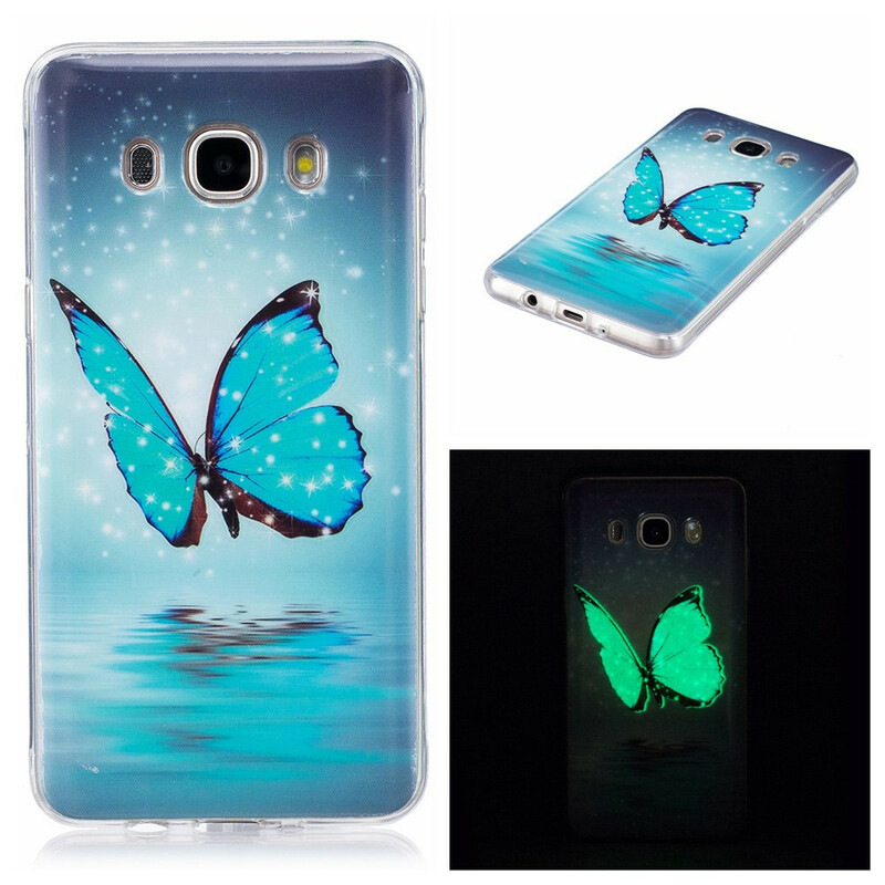 Samsung Galaxy J7 2016 Schmetterling Cover Blau Fluoreszierend