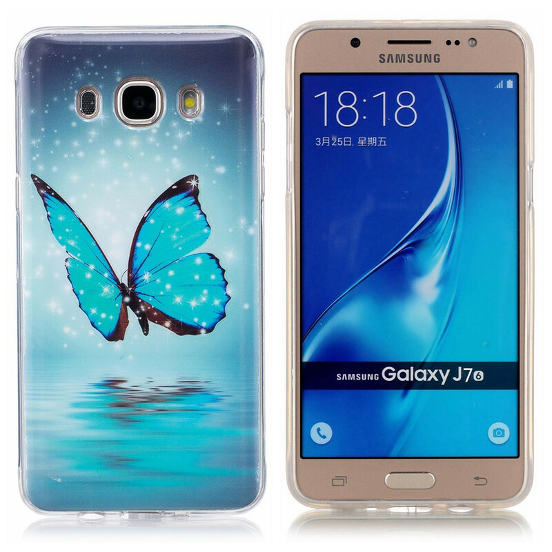 Samsung Galaxy J7 2016 Schmetterling Cover Blau Fluoreszierend