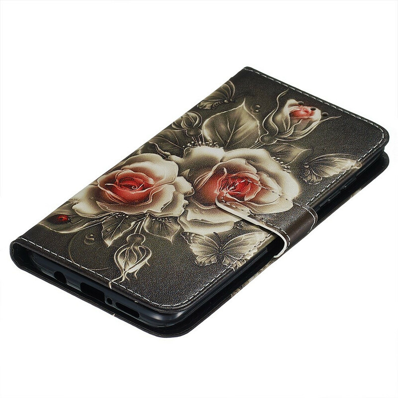 Xiaomi Redmi Note 8 Pro Tasche Schwarze Rose mit Riemen