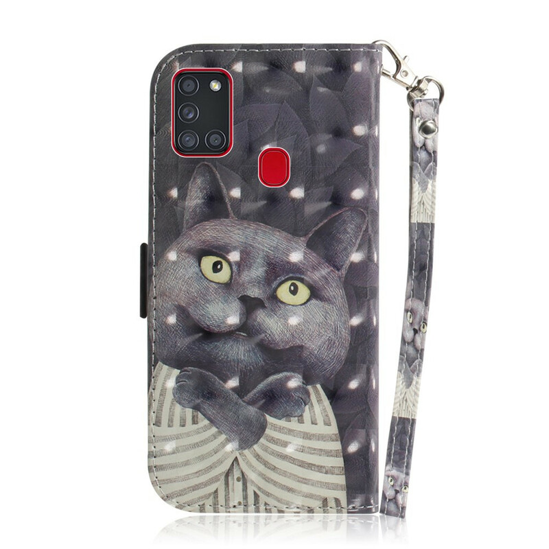 Samsung Galaxy A21s Tasche Katze Grau mit Riemen