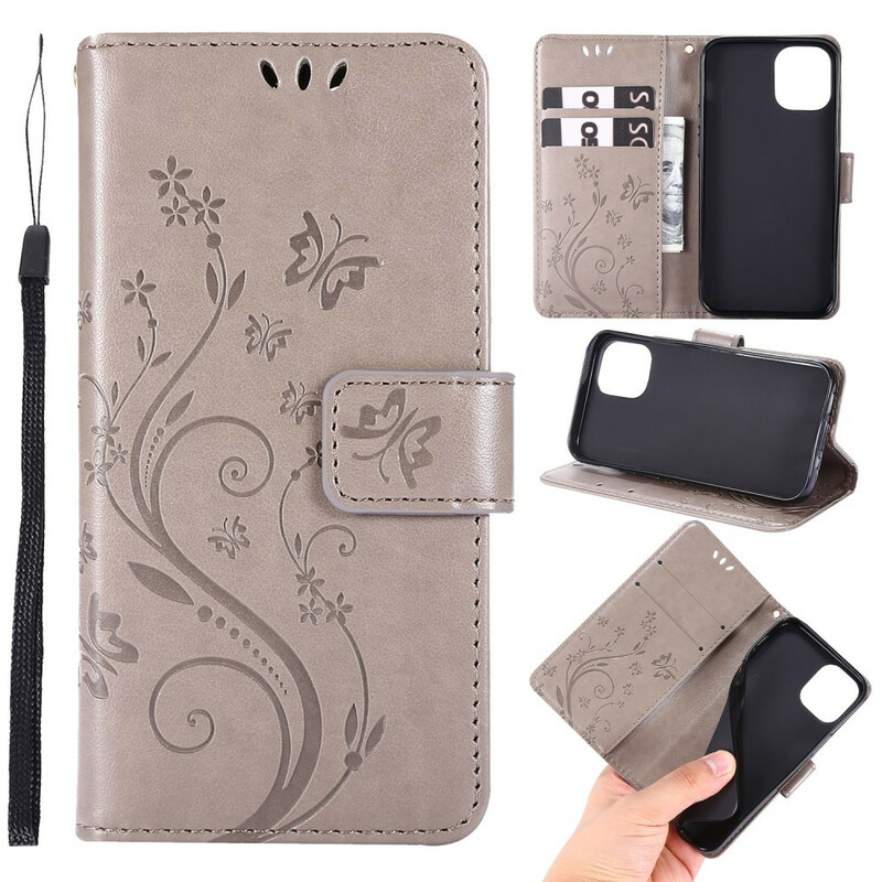 iPhone 12 Hülle Schmetterlinge und Blumen Lanyard