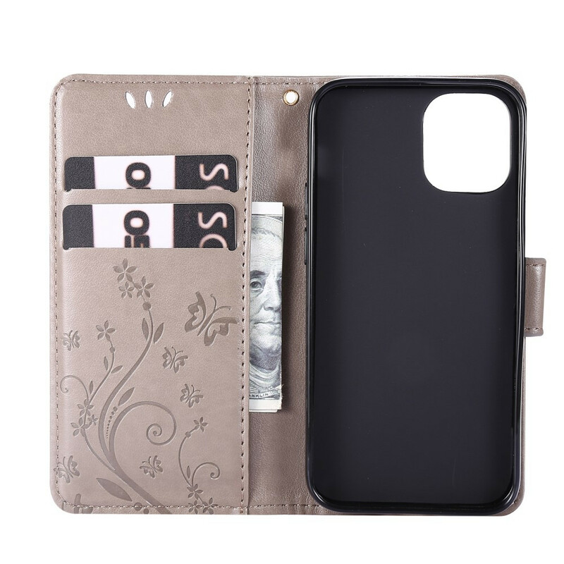 iPhone 12 Hülle Schmetterlinge und Blumen Lanyard
