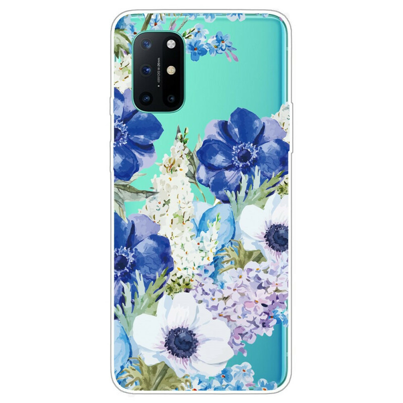 Transparentes OnePlus 8T Cover Blaue Blumen Aquarell