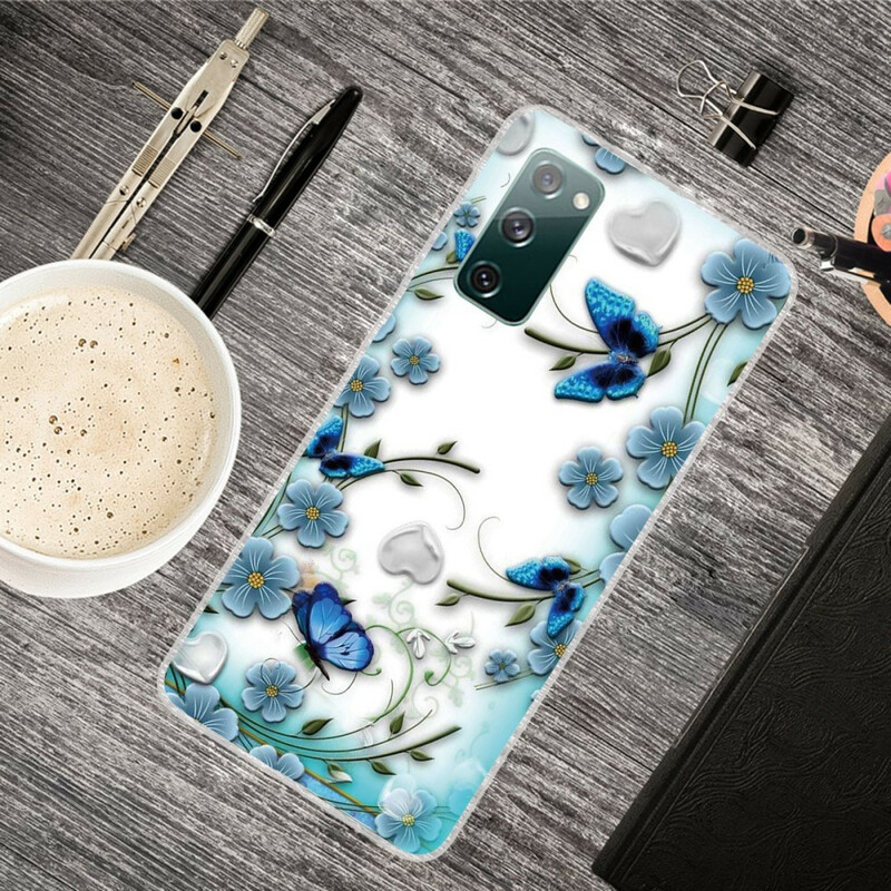 Samsung Galaxy S20 FE Cover Transparent Retro Schmetterlinge und Blumen
