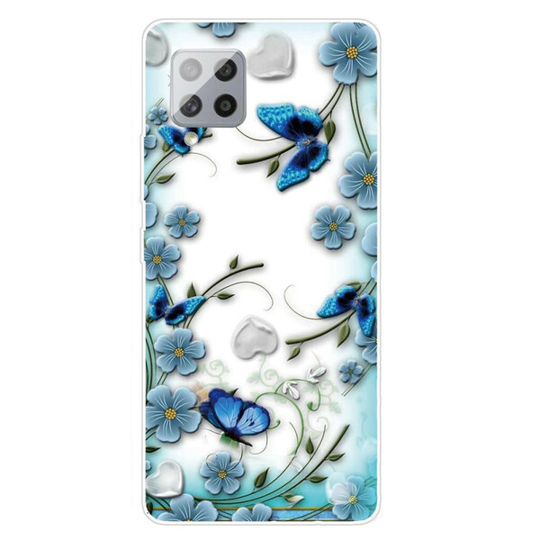 Samsung Galaxy 42 5G Cover Transparent Retro Schmetterlinge und Blumen