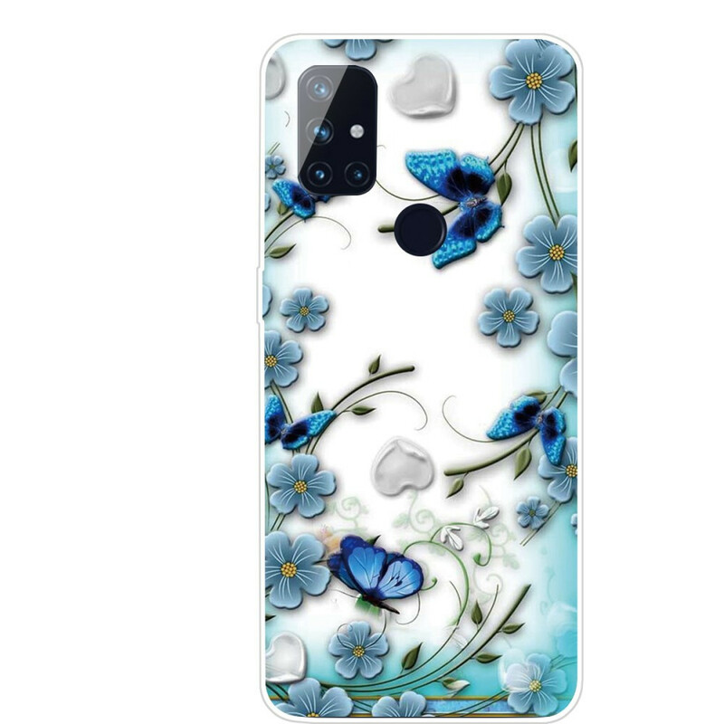 OnePlus Nord N100 Cover Transparent Retro Schmetterlinge und Blumen