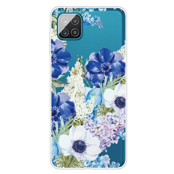 Samsung Galaxy A12 Hülle Transparent Blaue Blumen Aquarell