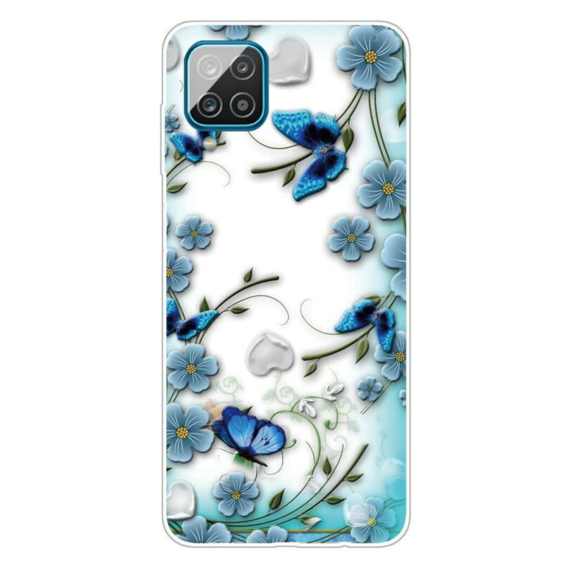 Samsung Galaxy A12 Cover Transparent Retro Schmetterlinge und Blumen