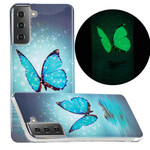 Samsung Galaxy S21 5G Schmetterling Cover Blau Fluoreszierend