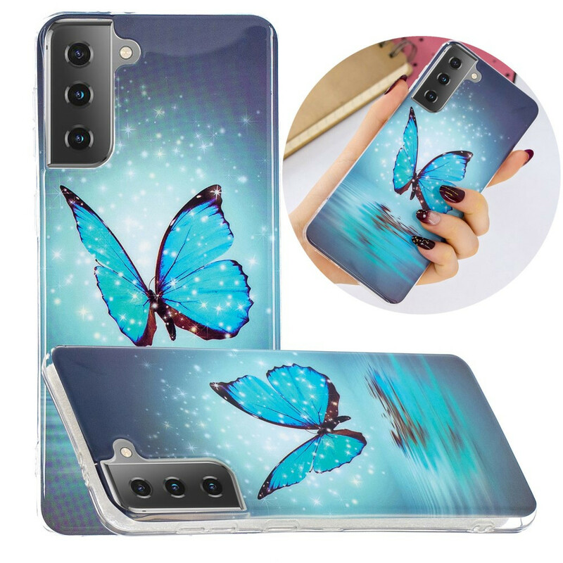 Samsung Galaxy S21 5G Schmetterling Cover Fluoreszierend Blau