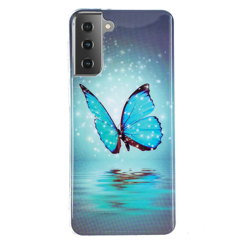 Samsung Galaxy S21 5G Schmetterling Cover Blau Fluoreszierend