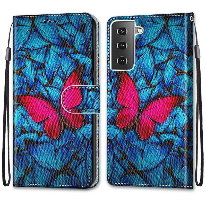 Samsung Galaxy S21 5G Schmetterling Hülle Rot Auf Blauem Hintergrund