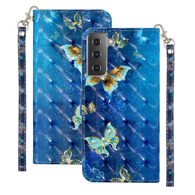 Hülle Samsung Galaxy S21 5G Light Spot Schmetterlinge mit Lanyard