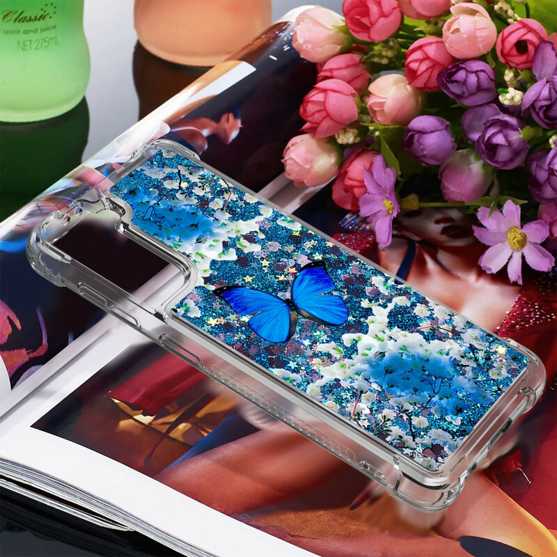 Samsung Galaxy S21 5G Schmetterlinge Blau Glitter Cover