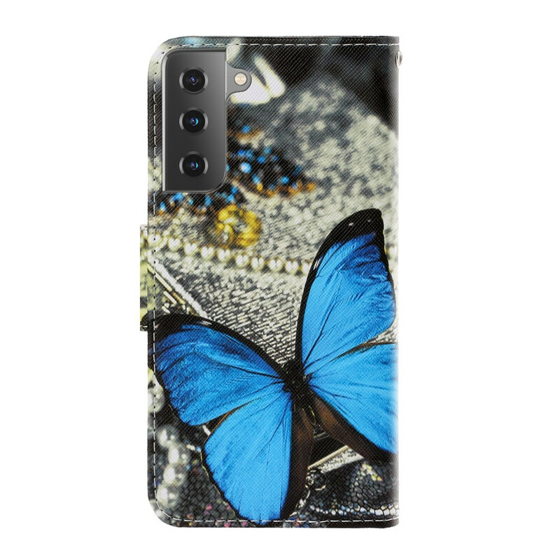 Hülle Samsung Galaxy S21 5G Variationen Schmetterlinge mit Riemen